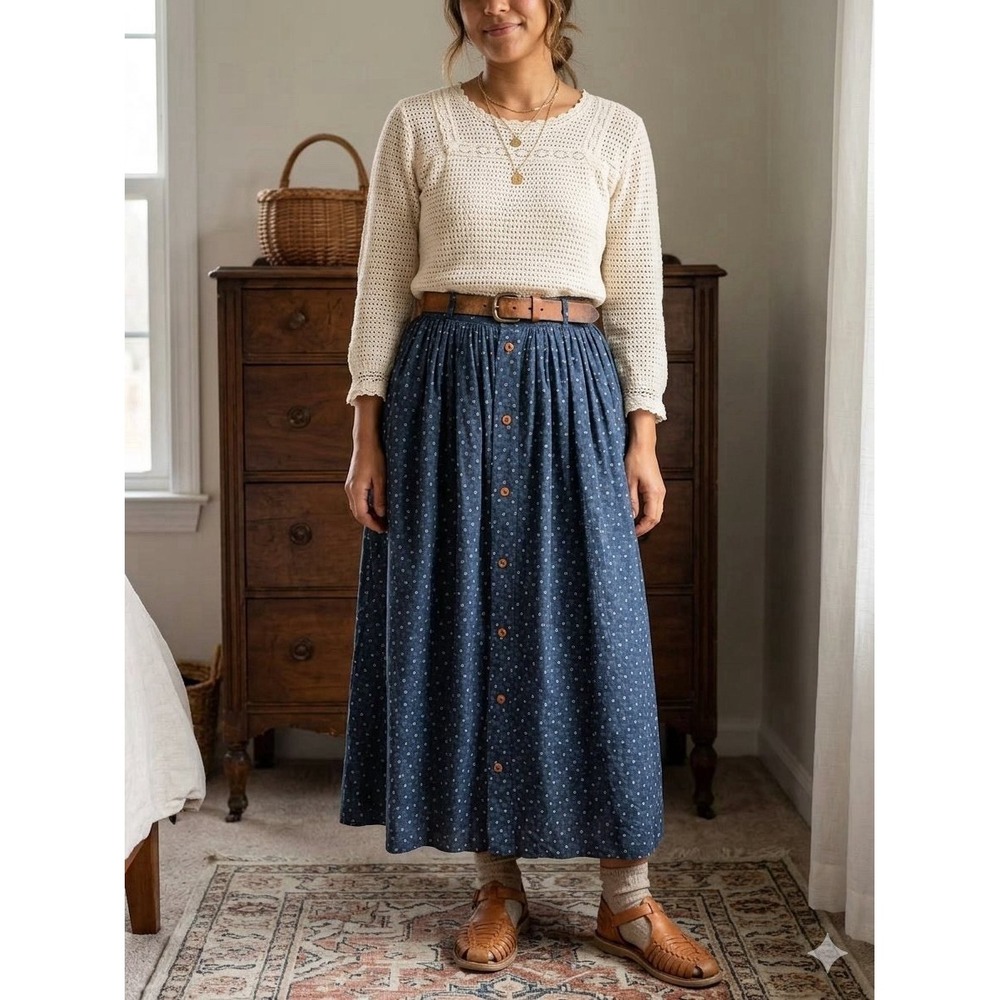 Vintage Ralph Lauren Country 90s Button-Front Cotton Prairie Maxi Skirt Size 4